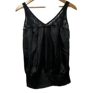 Jonathan Martin Vtg Y2K Babydoll V NeckTank Top Blouse Black Satin & Lace Sz S